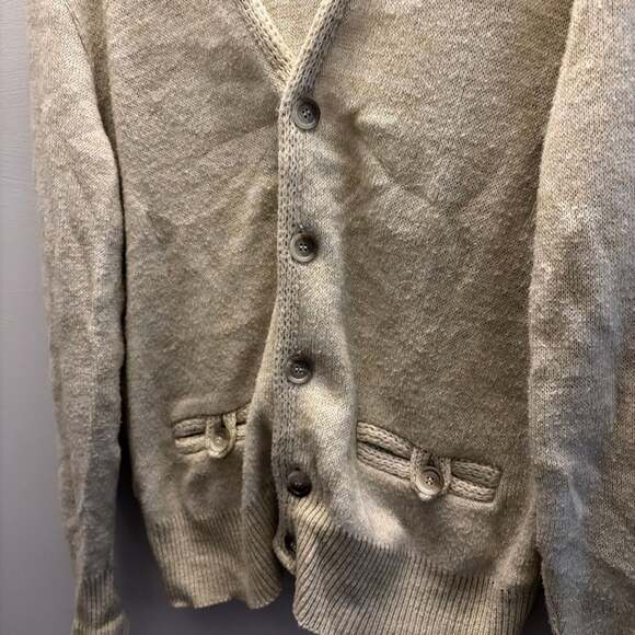 Vintage 1970s Knit Cardigan Sweater Cream Oatmeal Button Pocket Detail Large - Picture 2 of 4